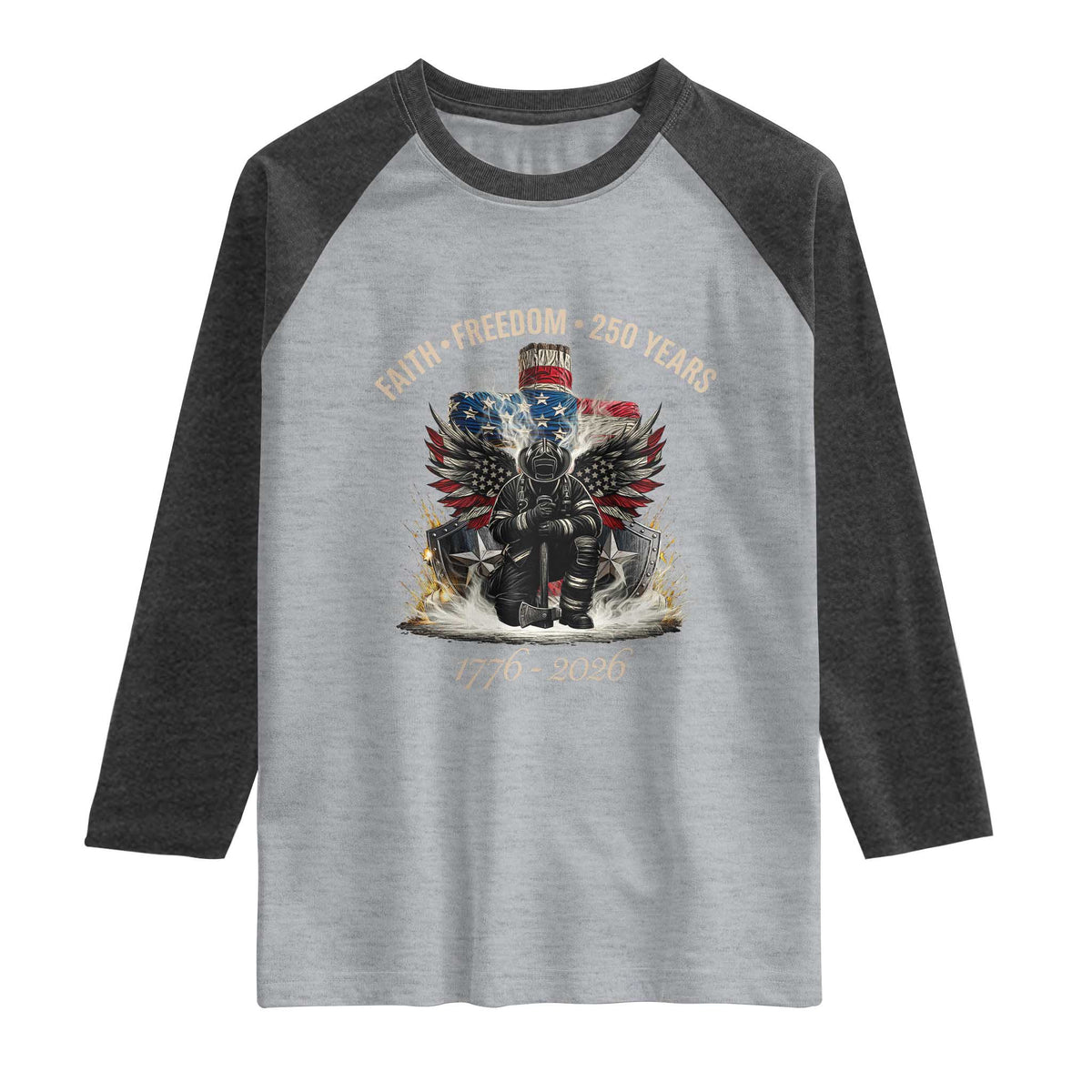 Fireman 250 Years of America Raglan Shirt Faith Freedom Firefighter American Flag Cross