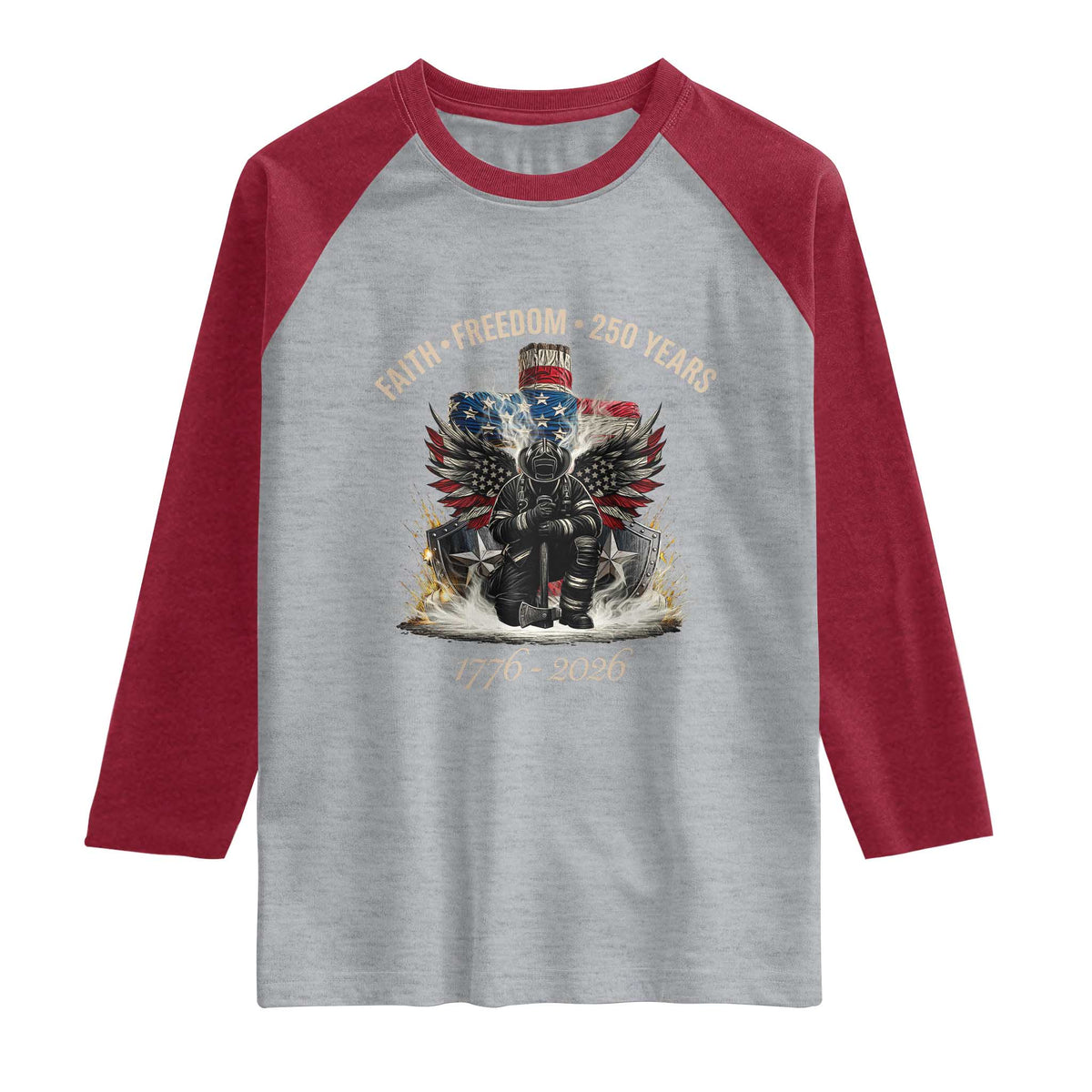 Fireman 250 Years of America Raglan Shirt Faith Freedom Firefighter American Flag Cross
