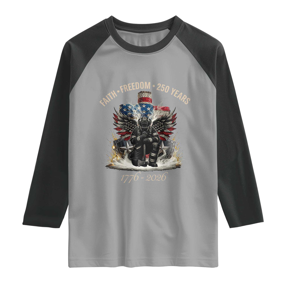 Fireman 250 Years of America Raglan Shirt Faith Freedom Firefighter American Flag Cross