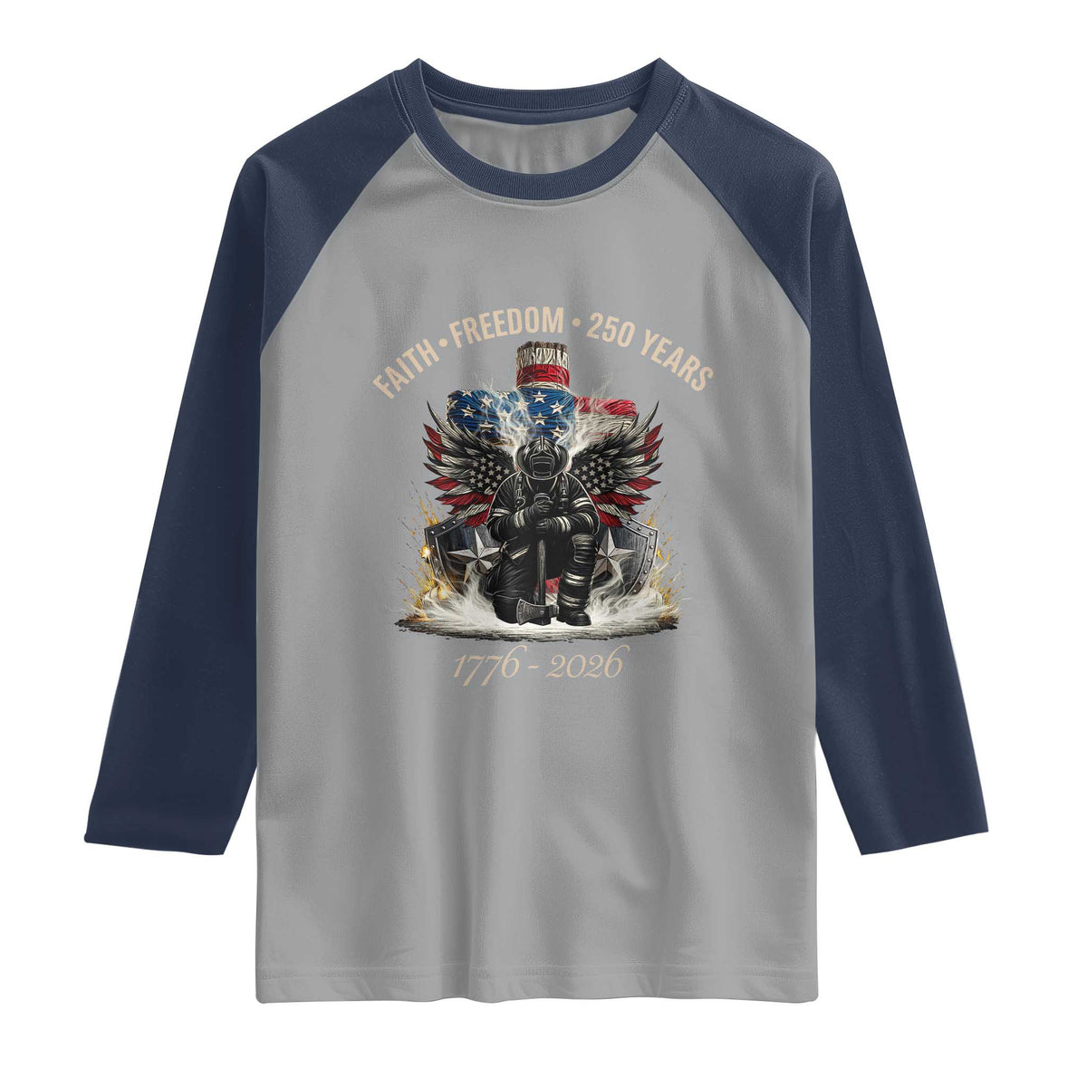 Fireman 250 Years of America Raglan Shirt Faith Freedom Firefighter American Flag Cross