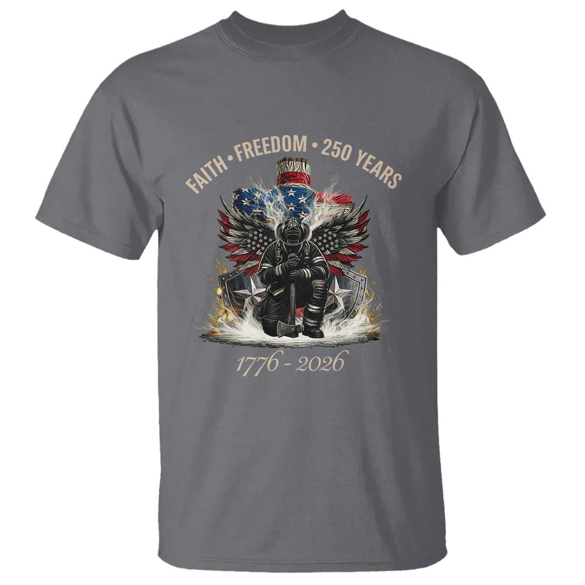 Fireman 250 Years of America T Shirt Faith Freedom Firefighter American Flag Cross
