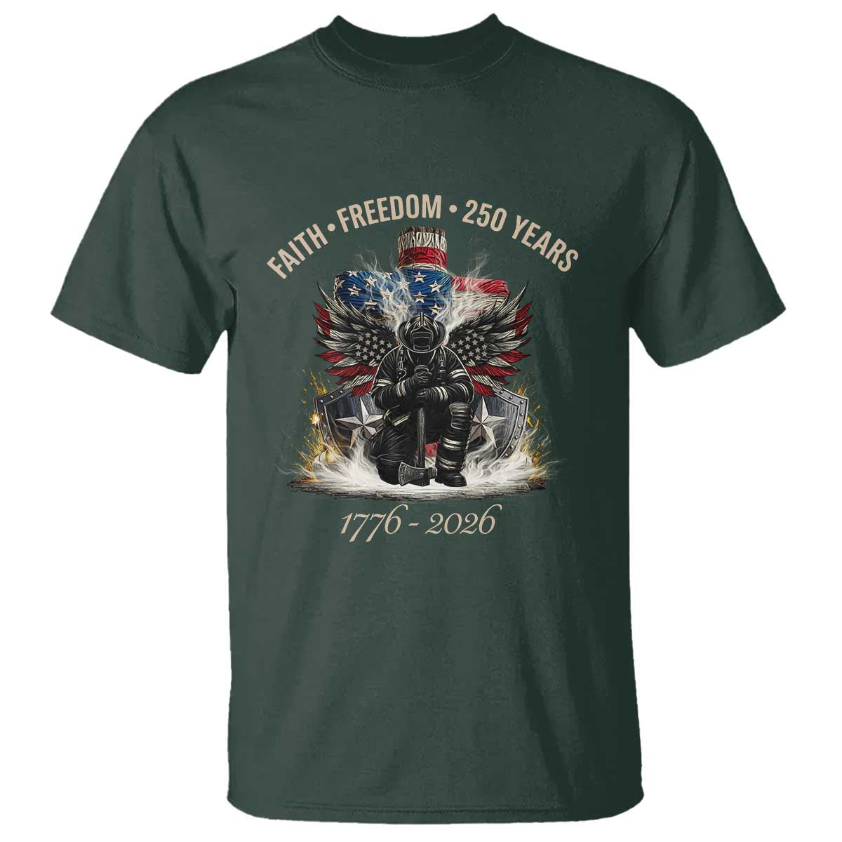 Fireman 250 Years of America T Shirt Faith Freedom Firefighter American Flag Cross