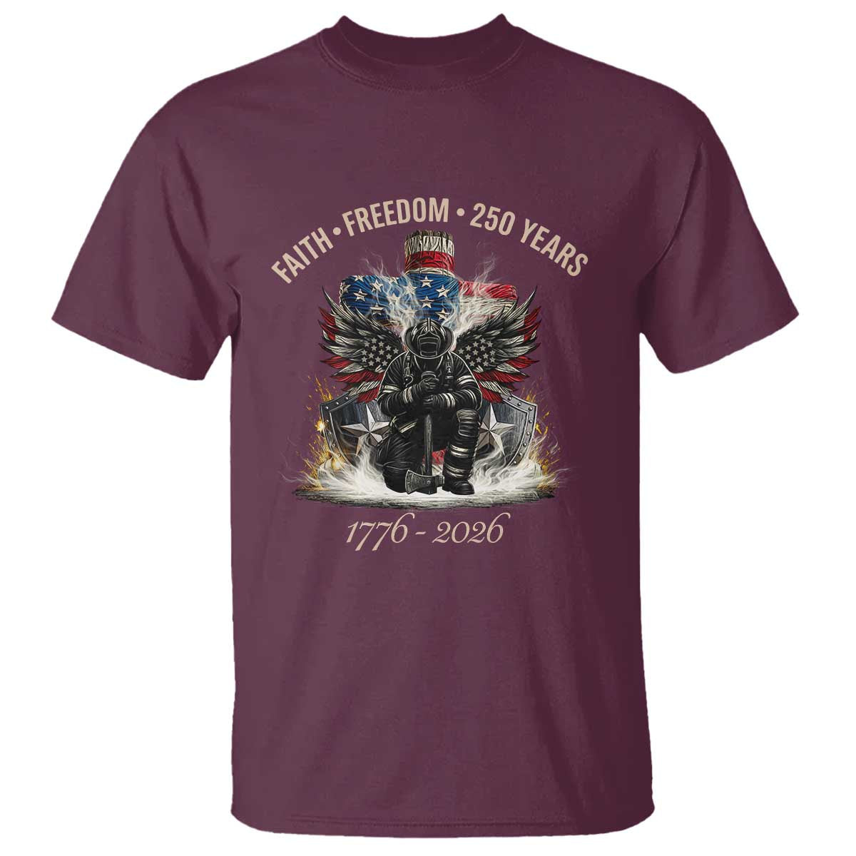 Fireman 250 Years of America T Shirt Faith Freedom Firefighter American Flag Cross