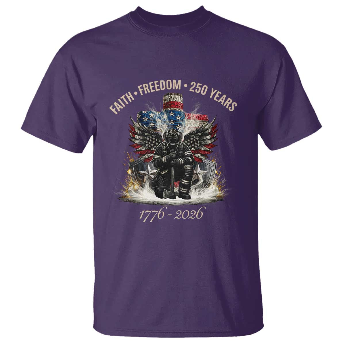 Fireman 250 Years of America T Shirt Faith Freedom Firefighter American Flag Cross