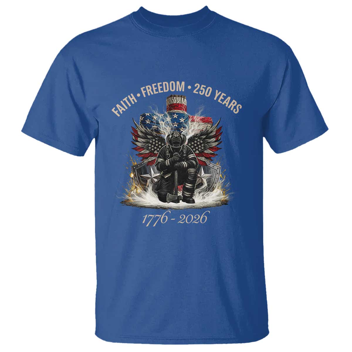 Fireman 250 Years of America T Shirt Faith Freedom Firefighter American Flag Cross