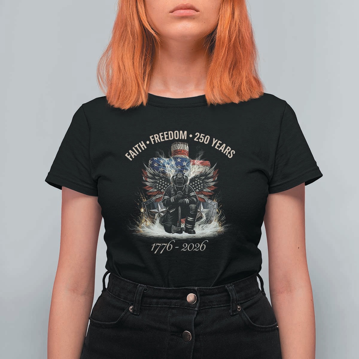 Fireman 250 Years of America T Shirt For Women Faith Freedom Firefighter American Flag Cross