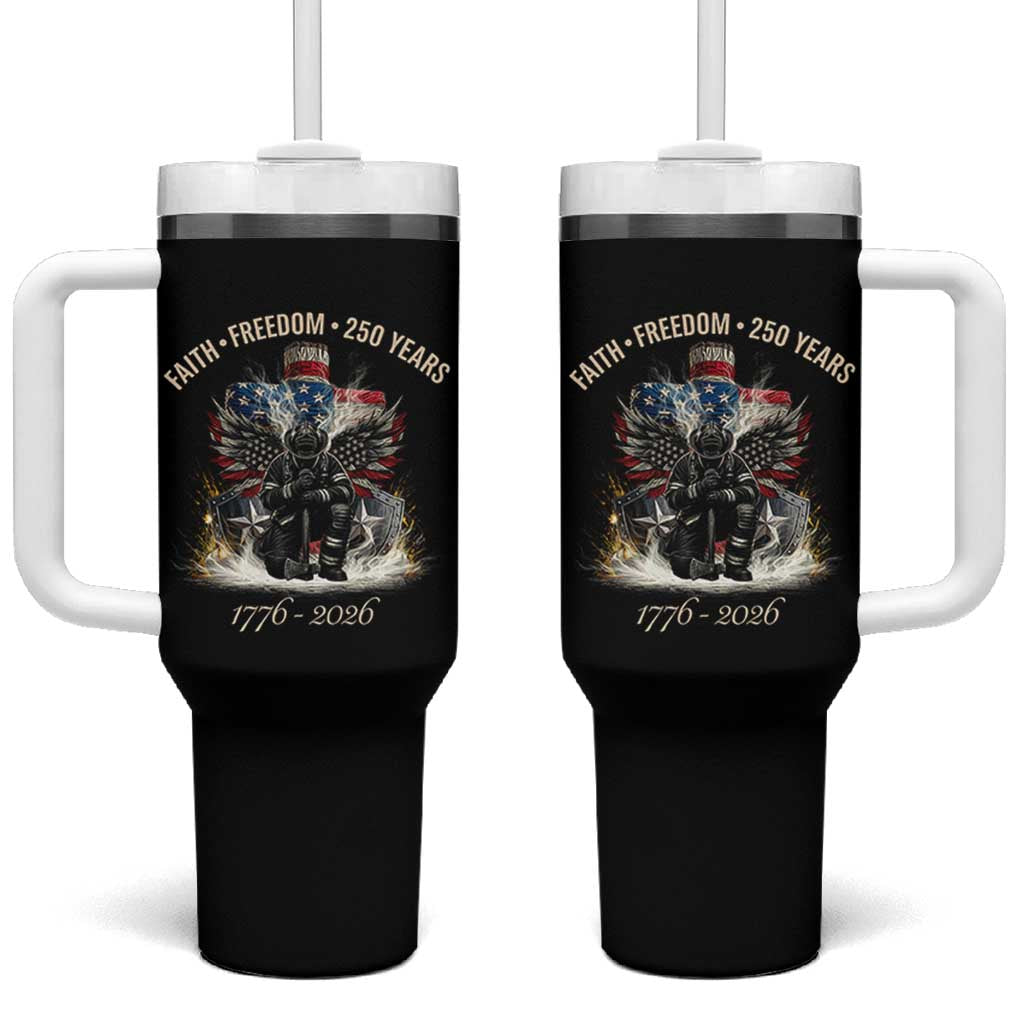 Fireman 250 Years of America Tumbler With Handle Faith Freedom Firefighter American Flag Cross