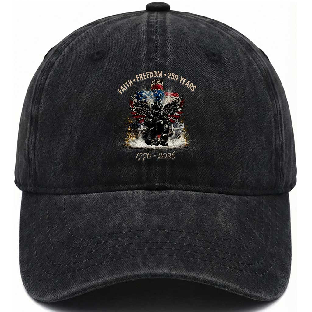 Fireman 250 Years of America Washed Cotton Baseball Cap Faith Freedom Firefighter American Flag Cross