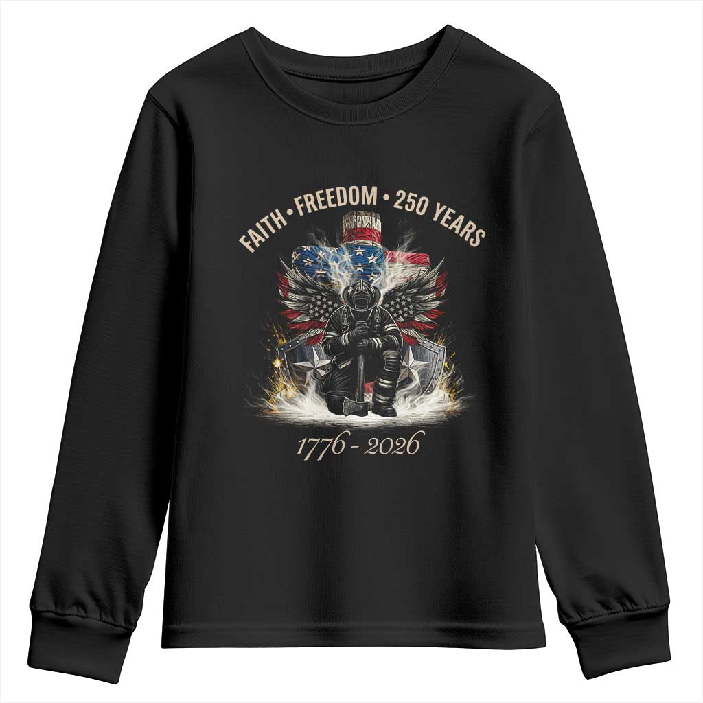 Fireman 250 Years of America Youth Sweatshirt Faith Freedom Firefighter American Flag Cross