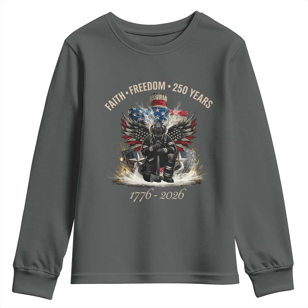 Fireman 250 Years of America Youth Sweatshirt Faith Freedom Firefighter American Flag Cross