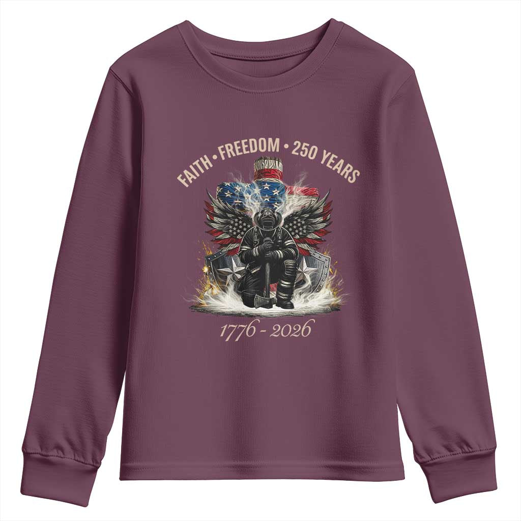 Fireman 250 Years of America Youth Sweatshirt Faith Freedom Firefighter American Flag Cross