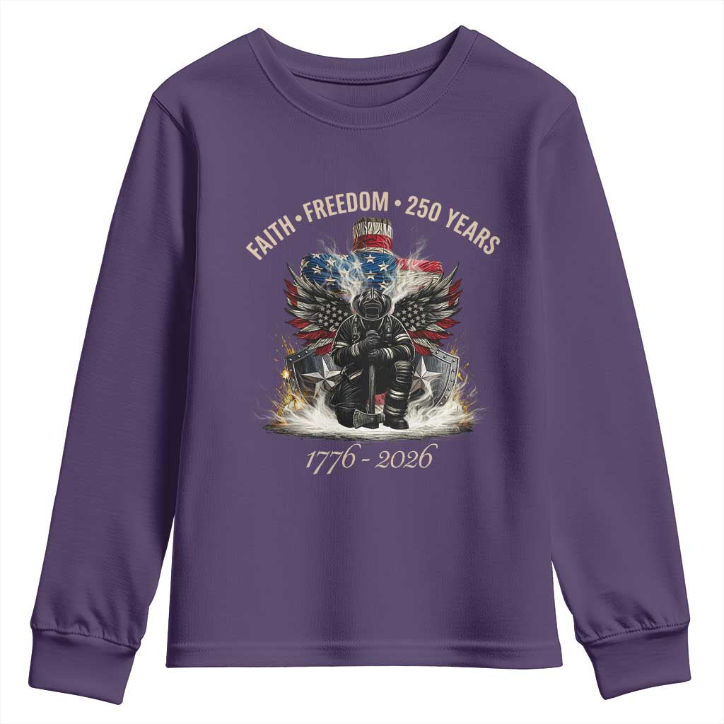 Fireman 250 Years of America Youth Sweatshirt Faith Freedom Firefighter American Flag Cross