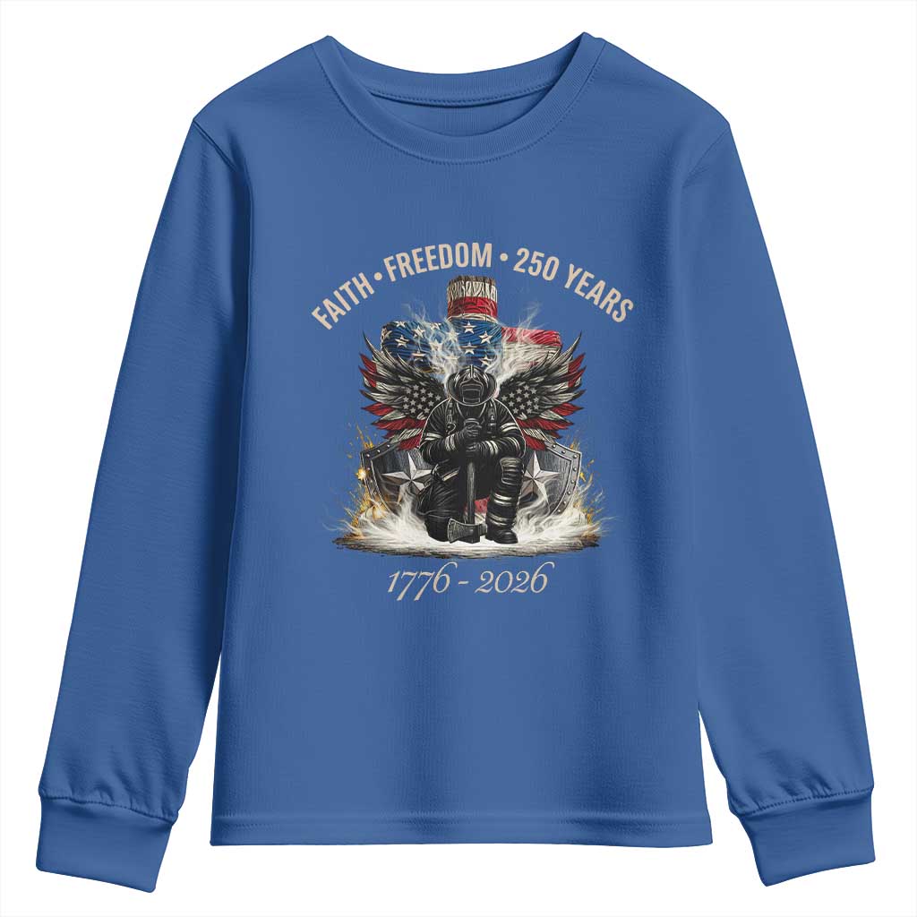 Fireman 250 Years of America Youth Sweatshirt Faith Freedom Firefighter American Flag Cross