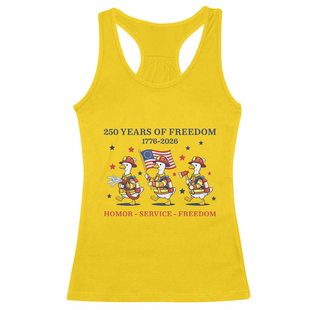 Fireman 250 Years of America Racerback Tank Top Silly Goose Firefighter Honor Service Freedom
