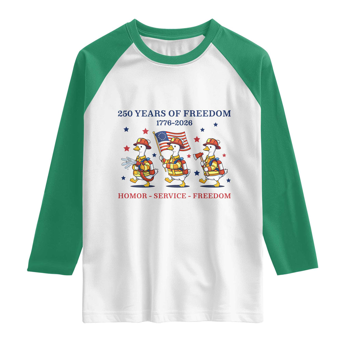Fireman 250 Years of America Raglan Shirt Silly Goose Firefighter Honor Service Freedom