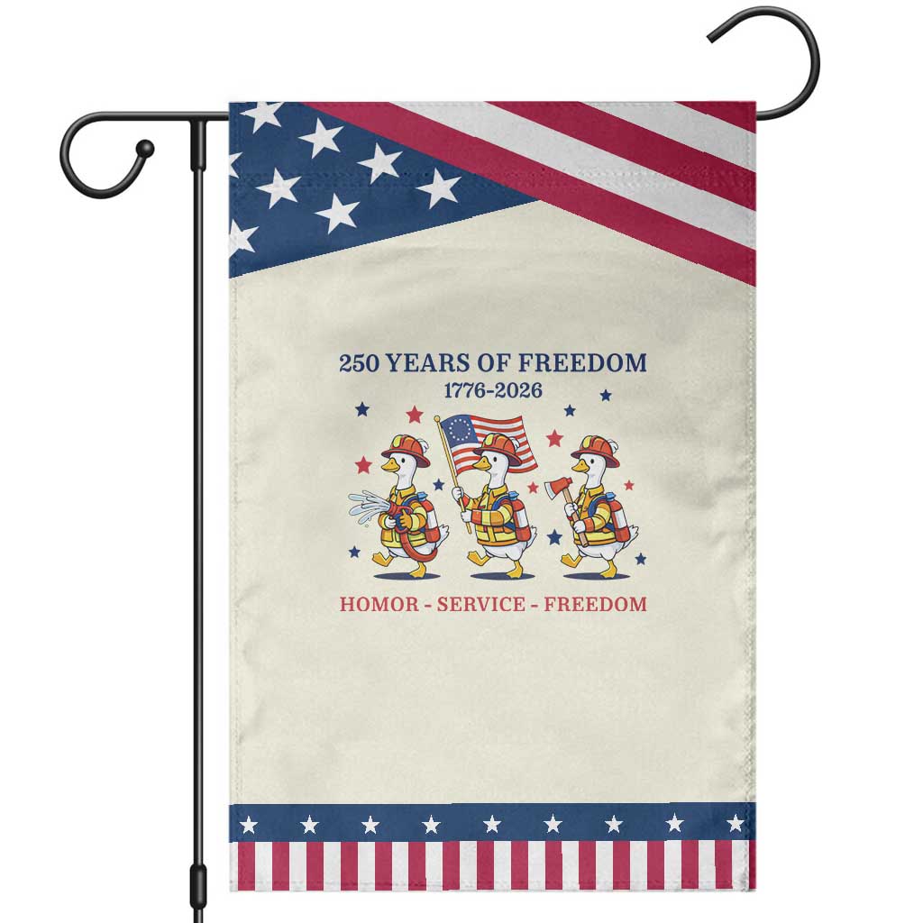 Fireman 250 Years of America Patriotic Garden Flag Silly Goose Firefighter Honor Service Freedom