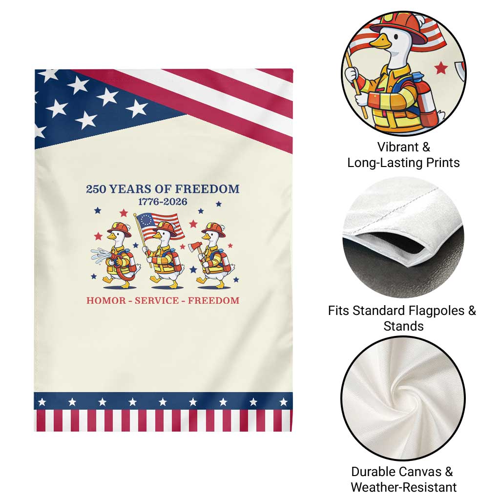 Fireman 250 Years of America Patriotic Garden Flag Silly Goose Firefighter Honor Service Freedom