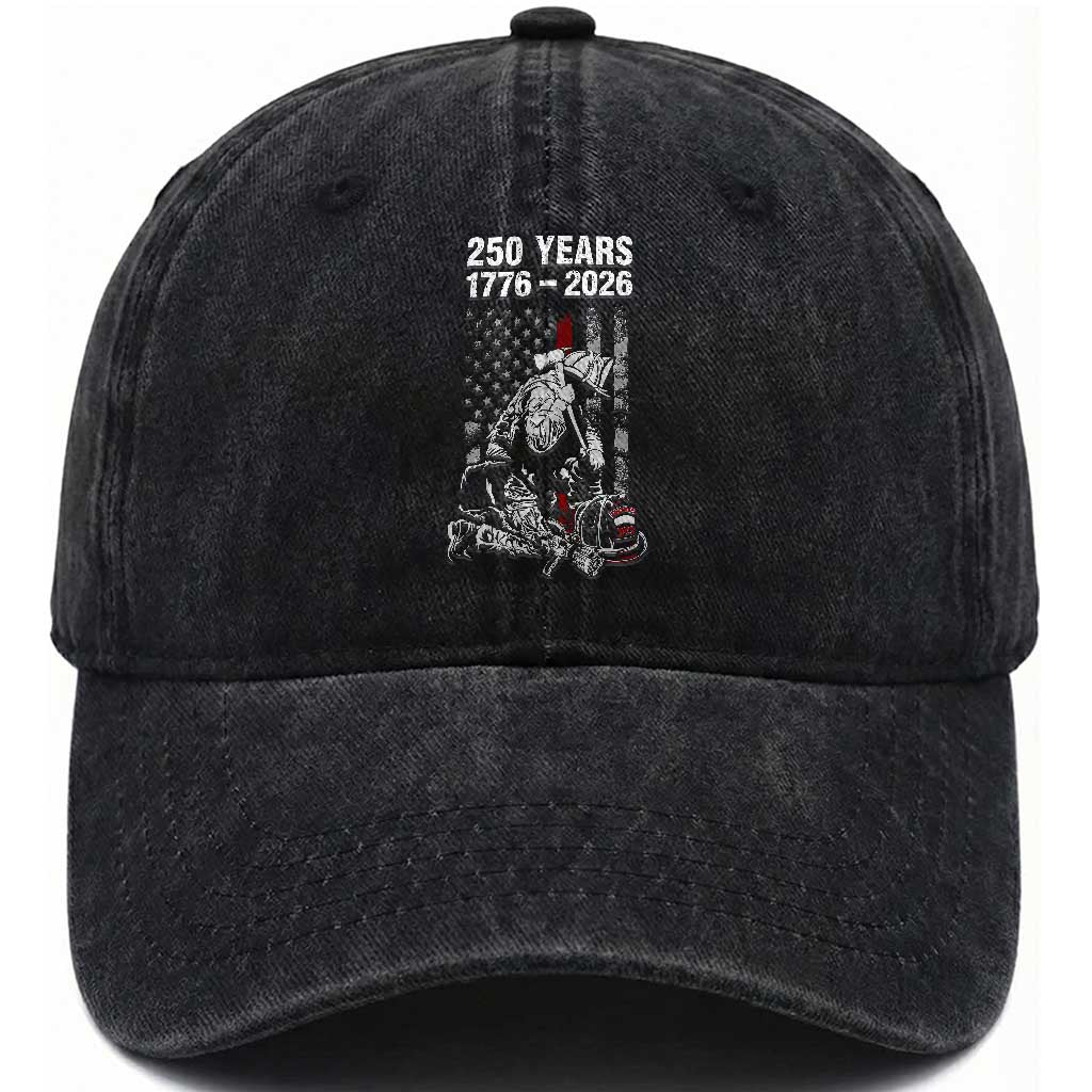 Fireman 250 Years of America Washed Cotton Baseball Cap Firefighter Red US Patriotic 4th Of July