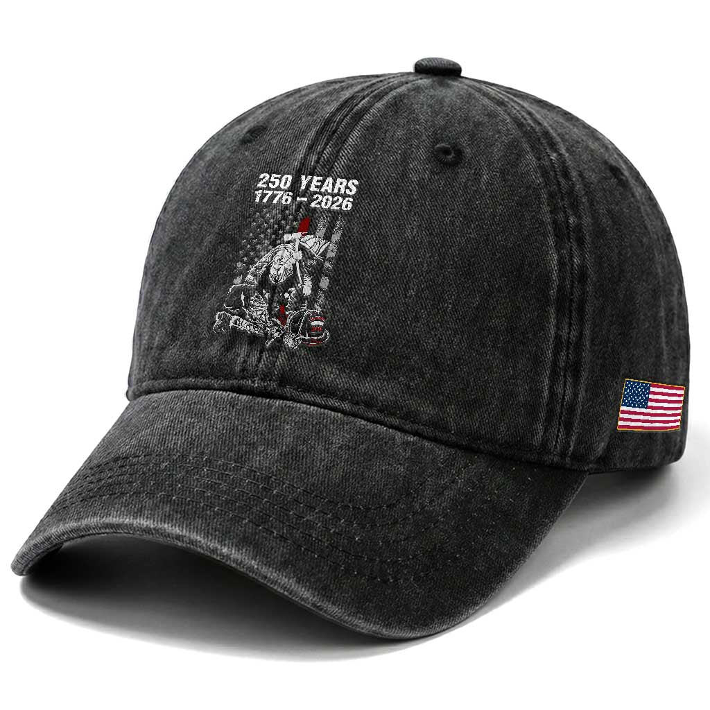 Fireman 250 Years of America Washed Cotton Baseball Cap Firefighter Red US Patriotic 4th Of July