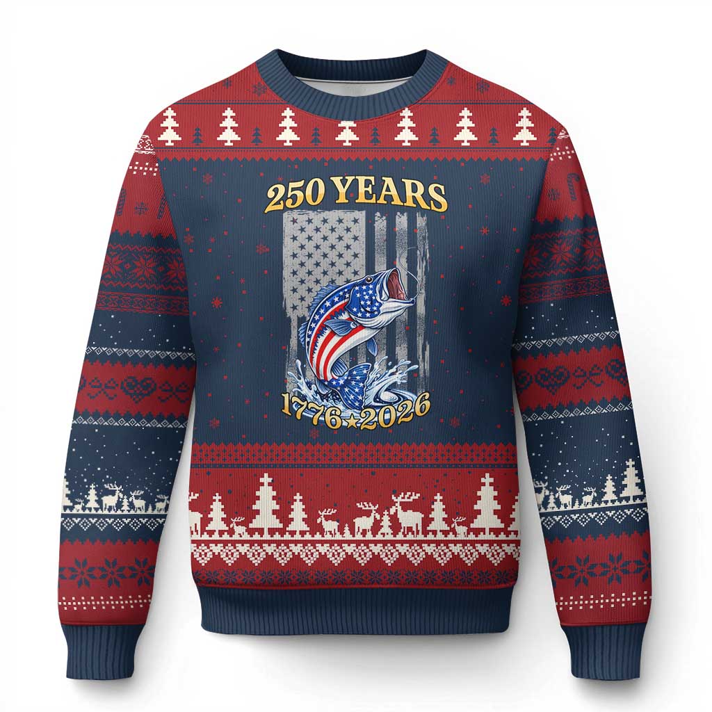 America 250th Fishing Ugly Christmas Sweater Patriotic Fisherman American Flag