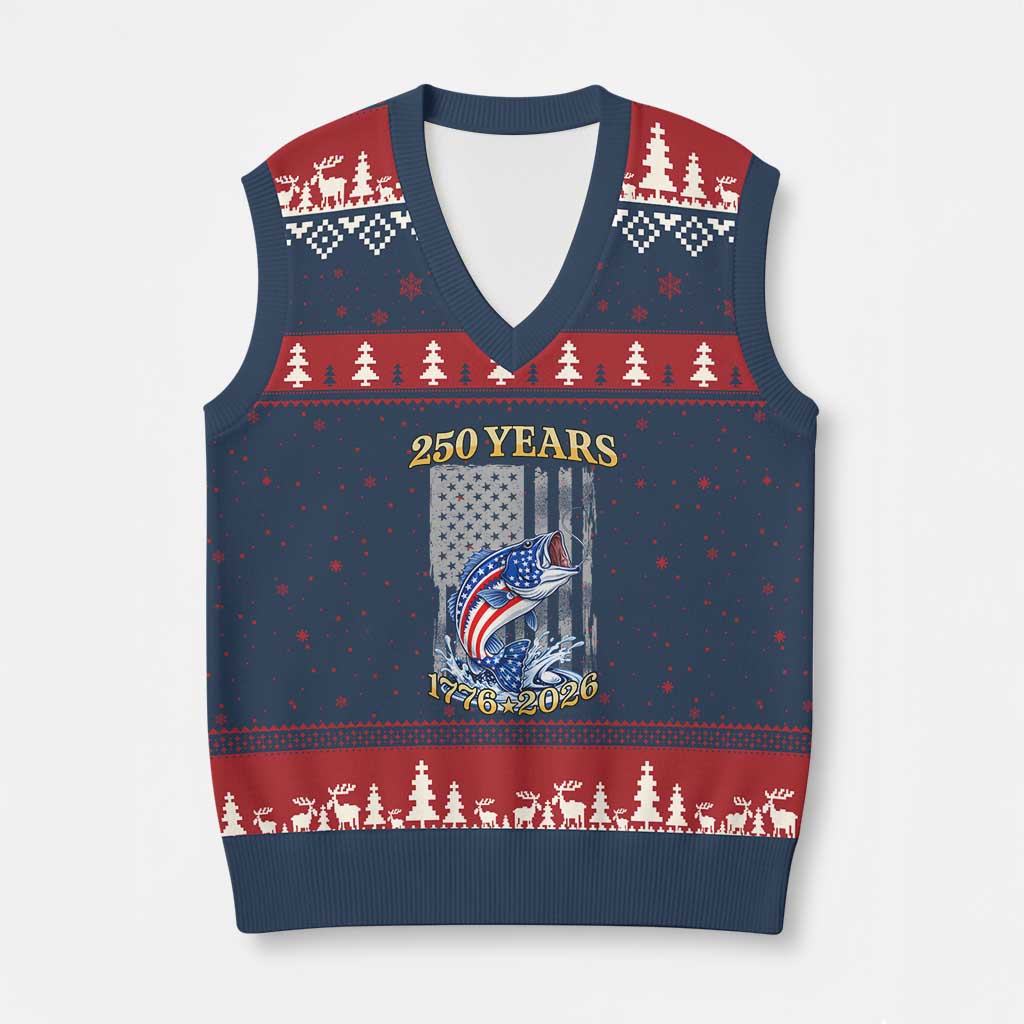 America 250th Fishing V-Neck Knit Sweater Vest Patriotic Fisherman American Flag