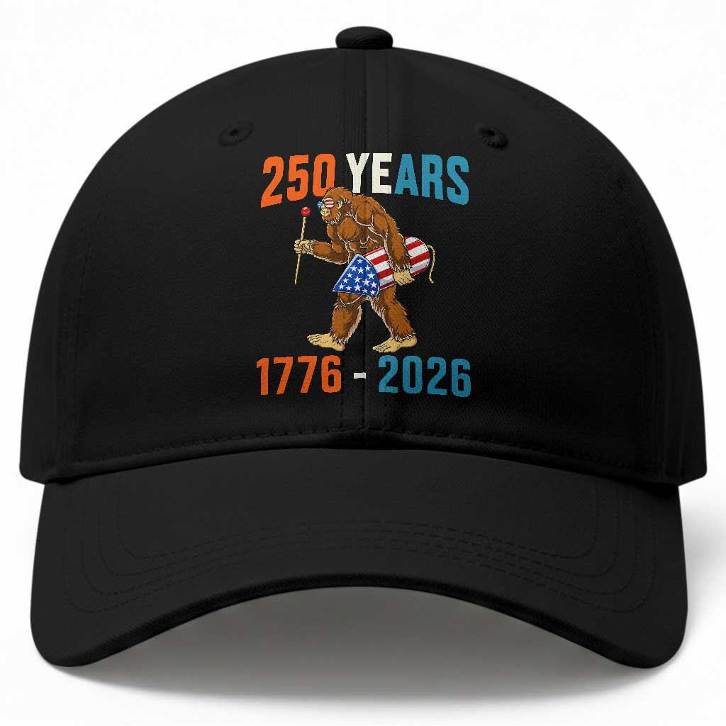 Bigfoot America 250 Baseball Cap Funny Sasquatch American Flag Fireworks Fourth of July