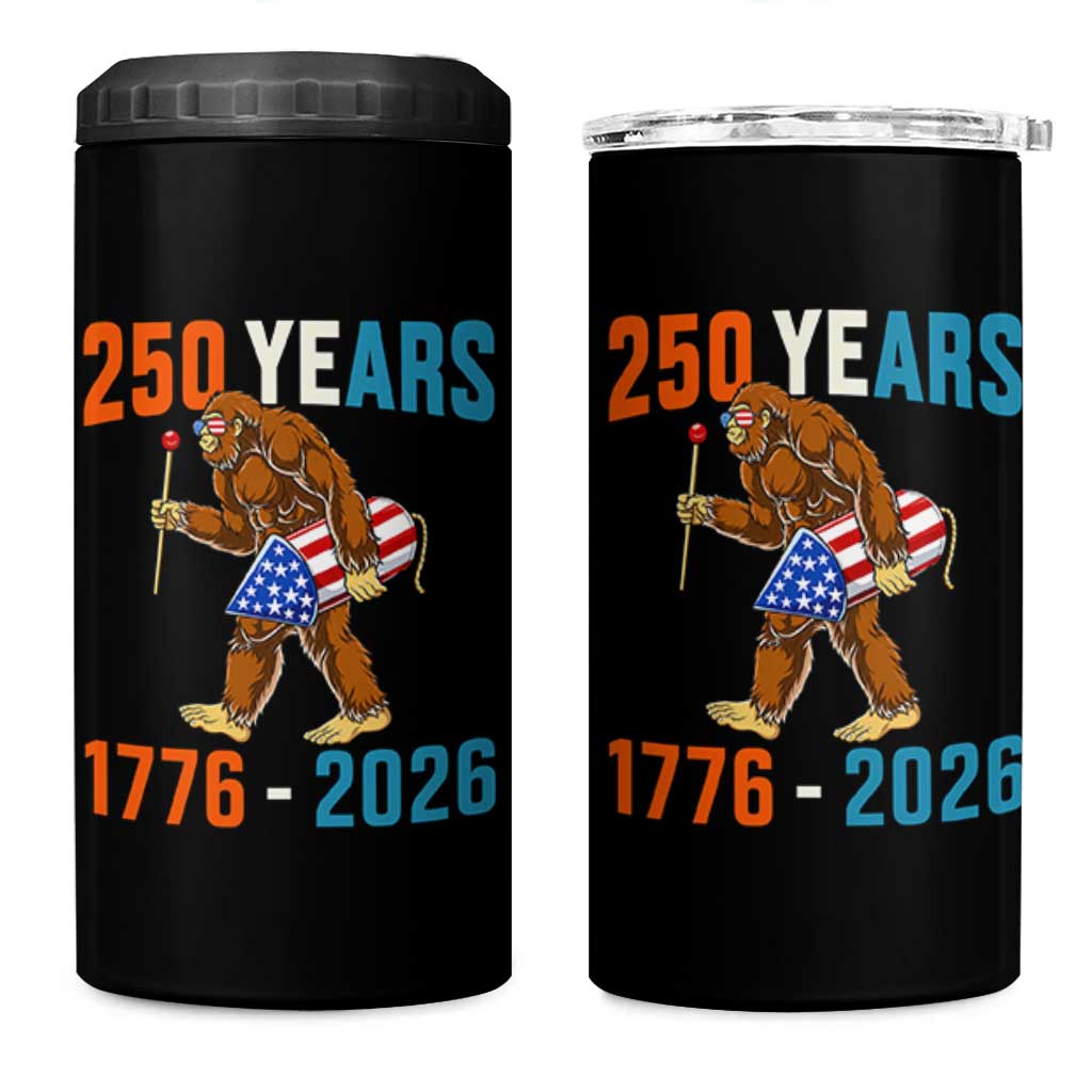 Bigfoot America 250 4 in 1 Can Cooler Tumbler Funny Sasquatch American Flag Fireworks Fourth of July