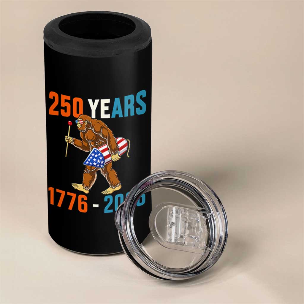 Bigfoot America 250 4 in 1 Can Cooler Tumbler Funny Sasquatch American Flag Fireworks Fourth of July