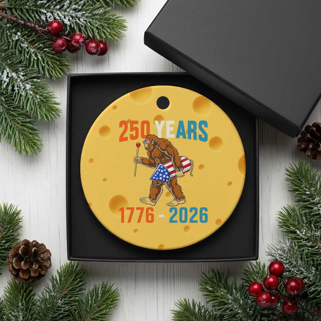 Bigfoot America 250 Ceramic Ornament Funny Sasquatch American Flag Fireworks Fourth of July