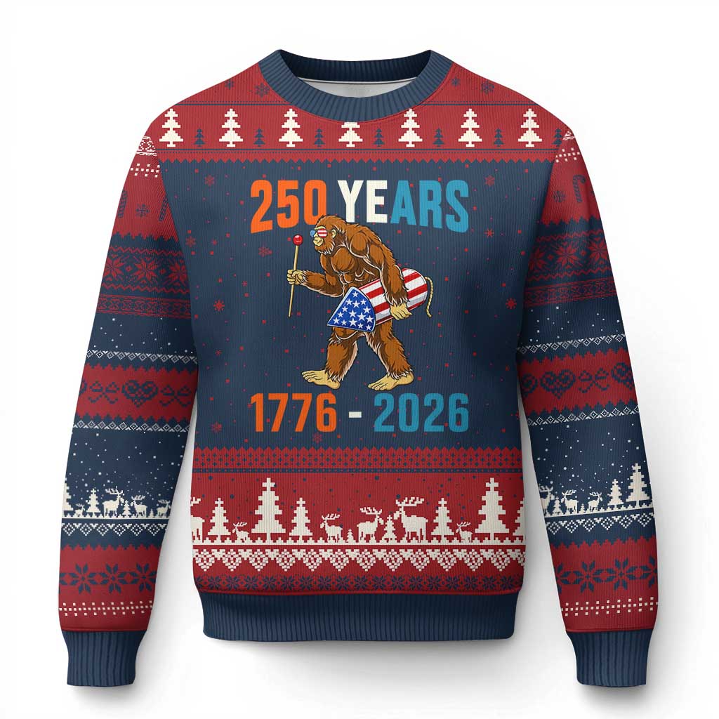 Bigfoot America 250 Ugly Christmas Sweater Funny Sasquatch American Flag Fireworks Fourth of July