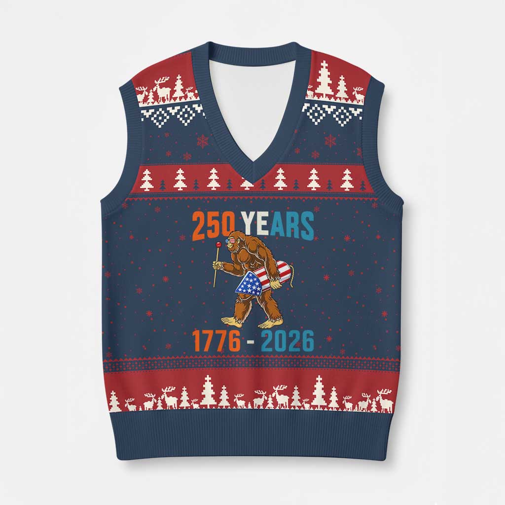 Bigfoot America 250 V-Neck Knit Sweater Vest Funny Sasquatch American Flag Fireworks Fourth of July