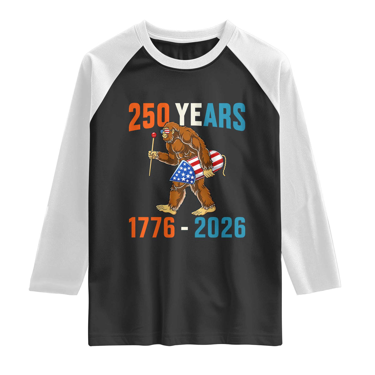 Bigfoot America 250 Raglan Shirt Funny Sasquatch American Flag Fireworks Fourth of July