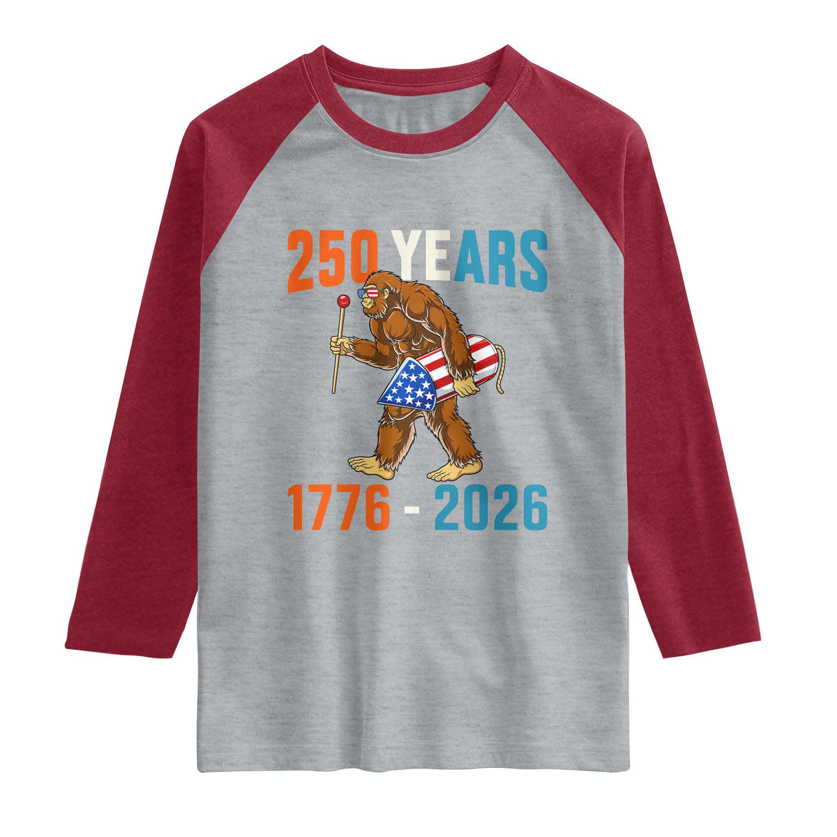 Bigfoot America 250 Raglan Shirt Funny Sasquatch American Flag Fireworks Fourth of July