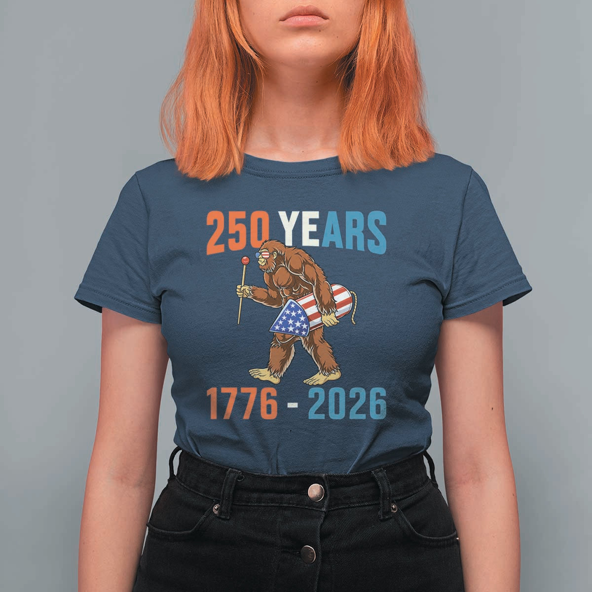 Bigfoot America 250 T Shirt For Women Funny Sasquatch American Flag Fireworks Fourth of July