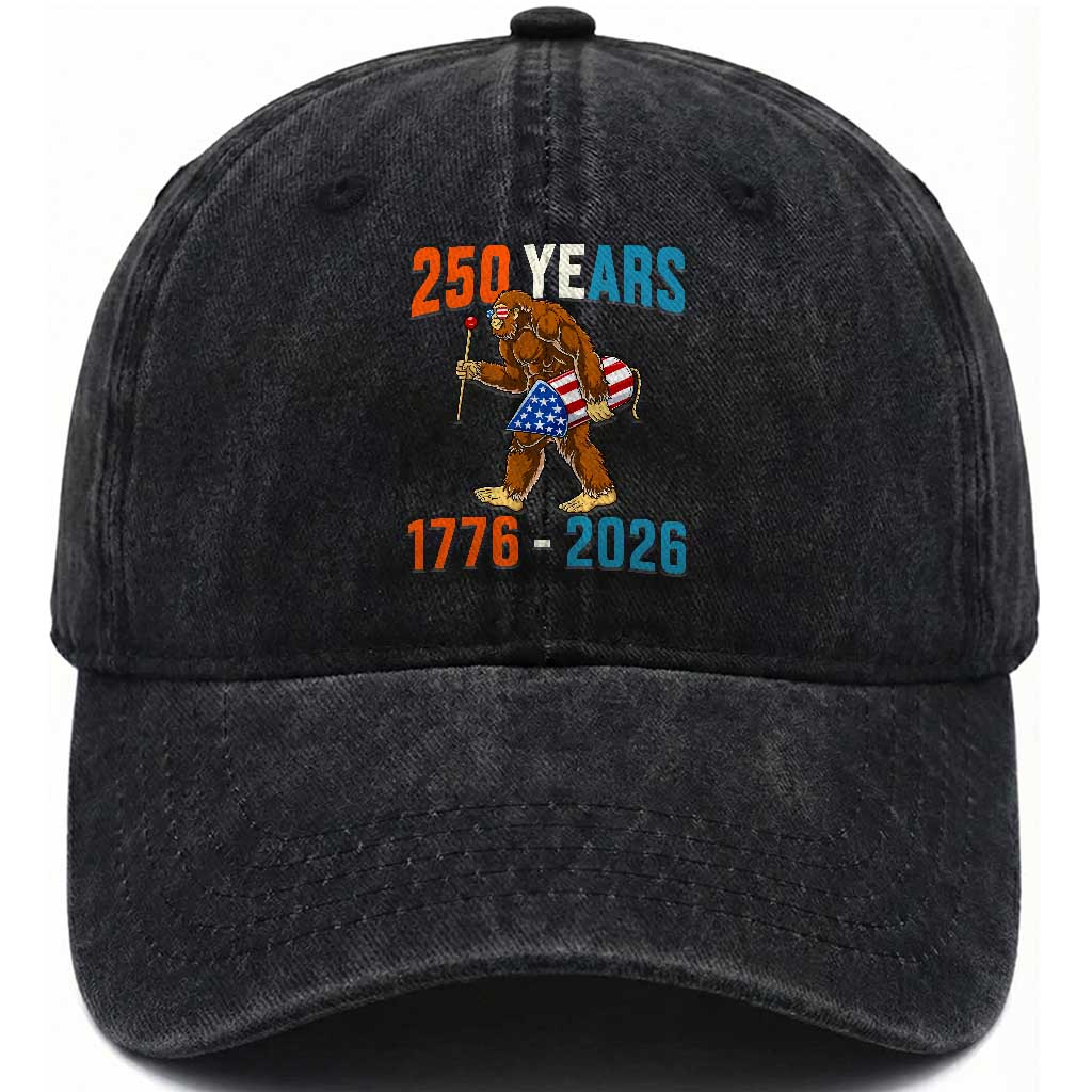 Bigfoot America 250 Washed Cotton Baseball Cap Funny Sasquatch American Flag Fireworks Fourth of July
