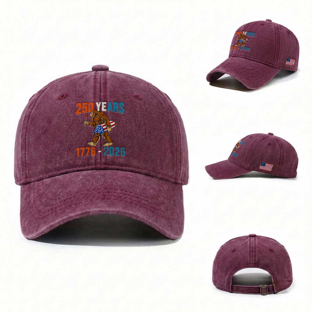Bigfoot America 250 Washed Cotton Baseball Cap Funny Sasquatch American Flag Fireworks Fourth of July