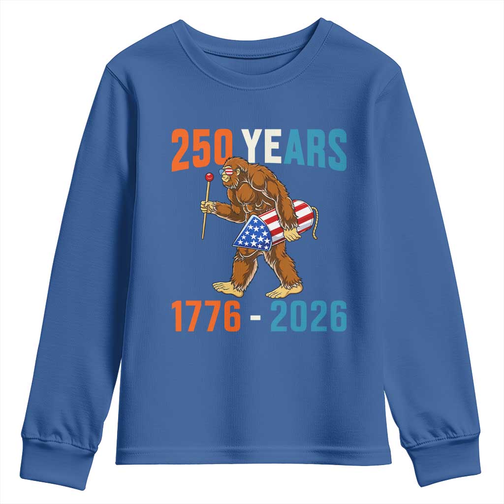 Bigfoot America 250 Youth Sweatshirt Funny Sasquatch American Flag Fireworks Fourth of July