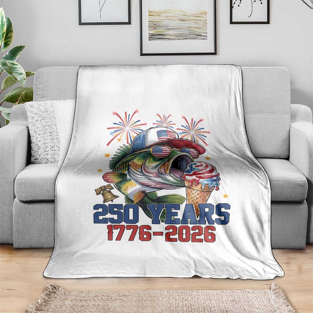 America 250th Fishing Throw Blanket Patriotic Bass Fish American Flag
