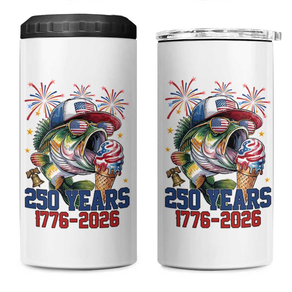 America 250th Fishing 4 in 1 Can Cooler Tumbler Patriotic Bass Fish American Flag