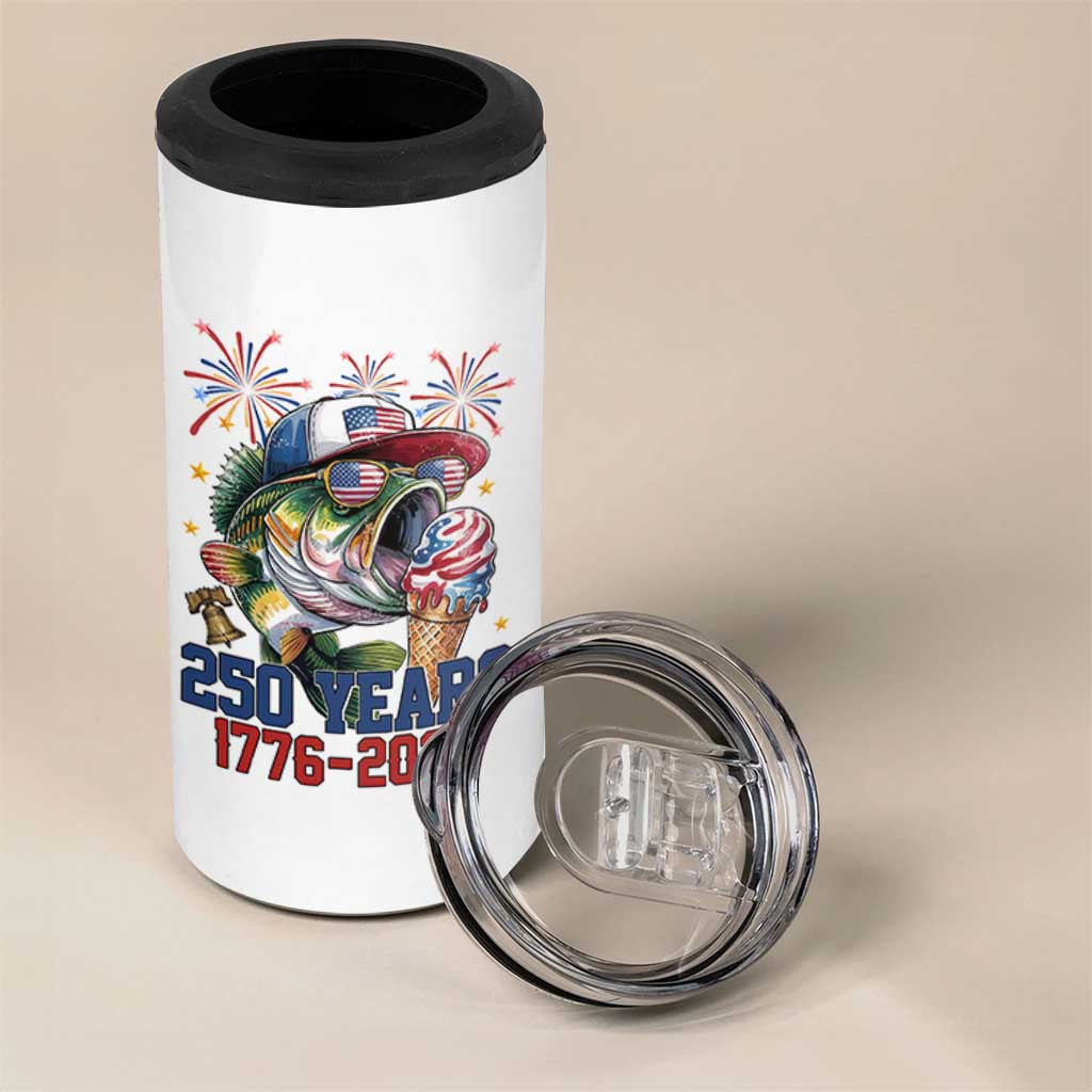 America 250th Fishing 4 in 1 Can Cooler Tumbler Patriotic Bass Fish American Flag