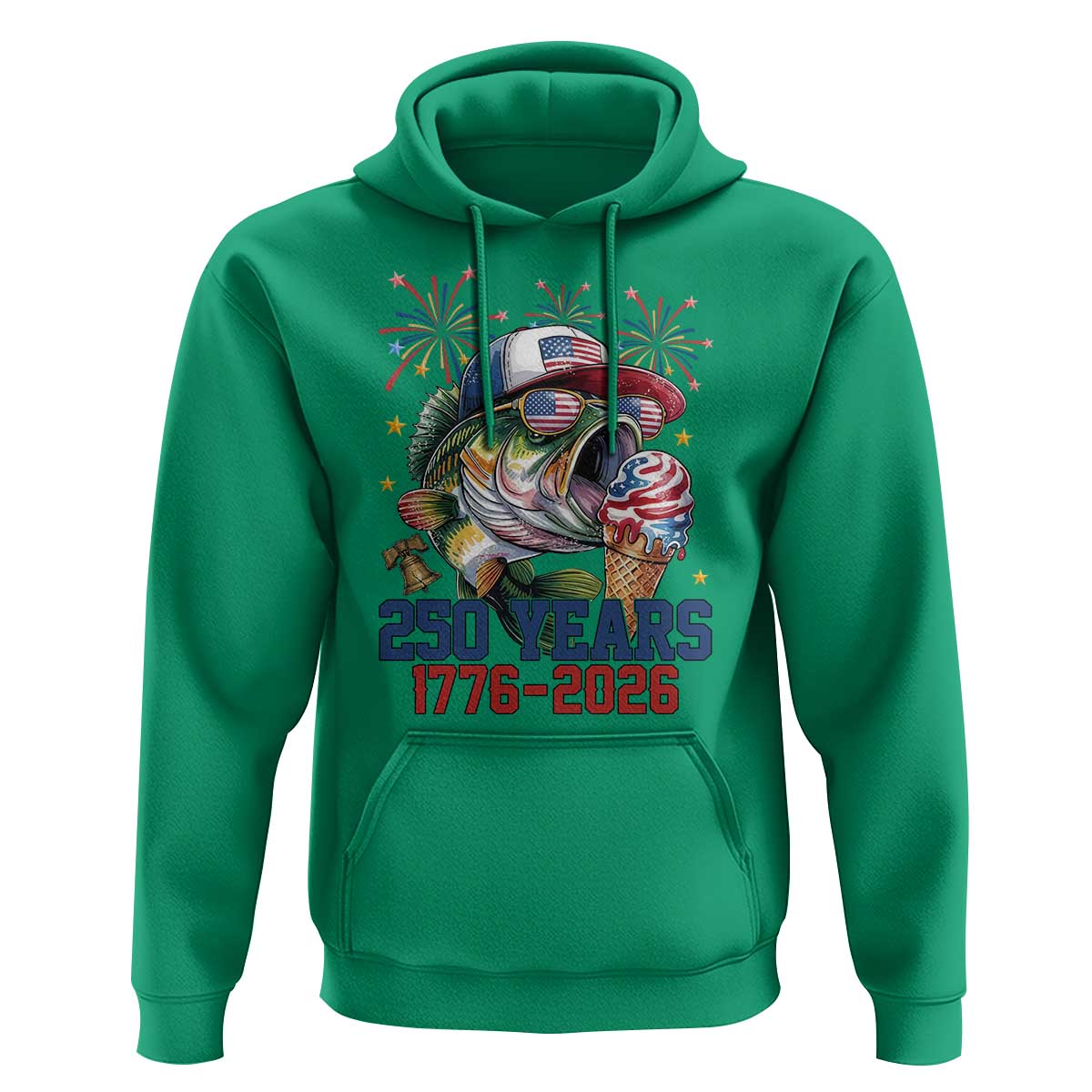 America 250th Fishing Hoodie Patriotic Bass Fish American Flag