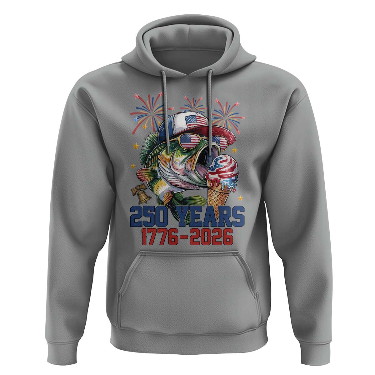America 250th Fishing Hoodie Patriotic Bass Fish American Flag