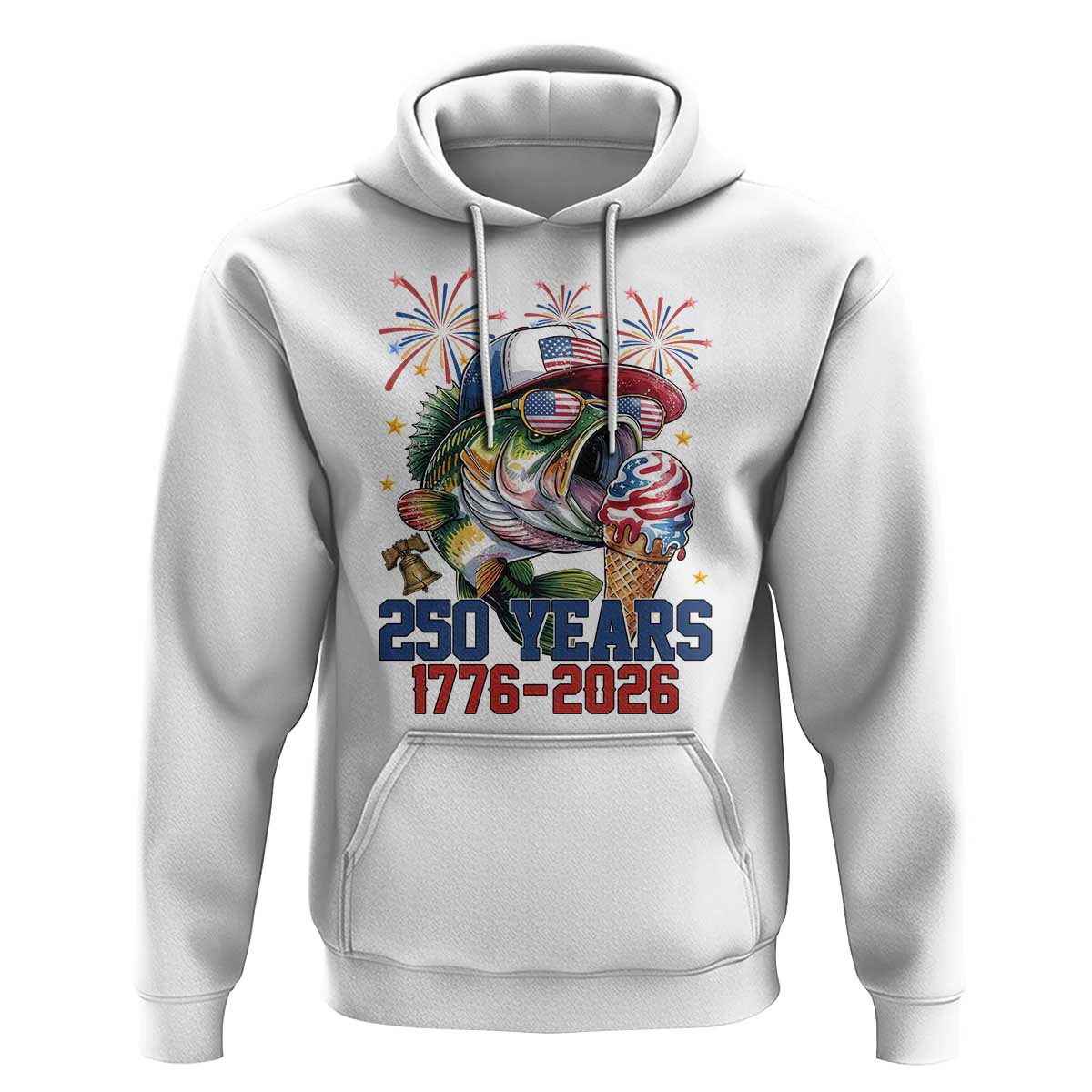 America 250th Fishing Hoodie Patriotic Bass Fish American Flag