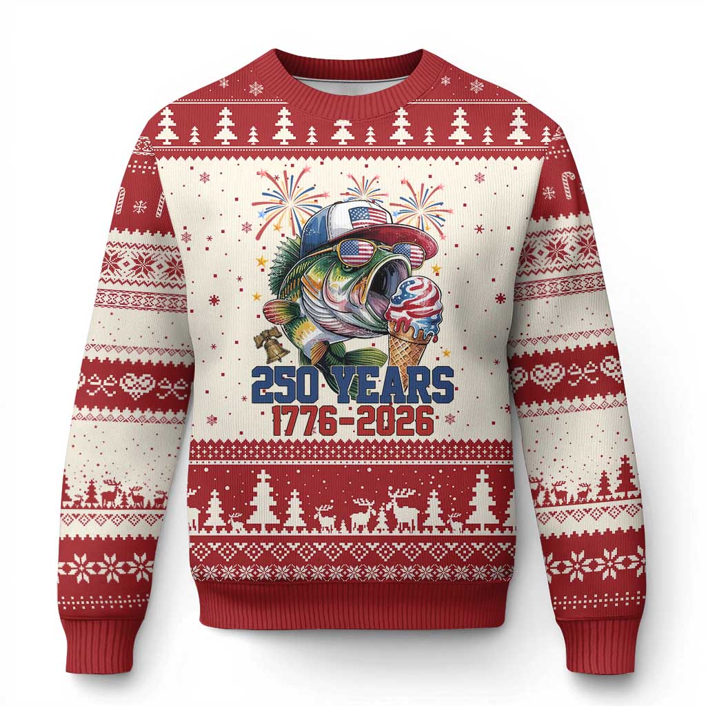 America 250th Fishing Ugly Christmas Sweater Patriotic Bass Fish American Flag