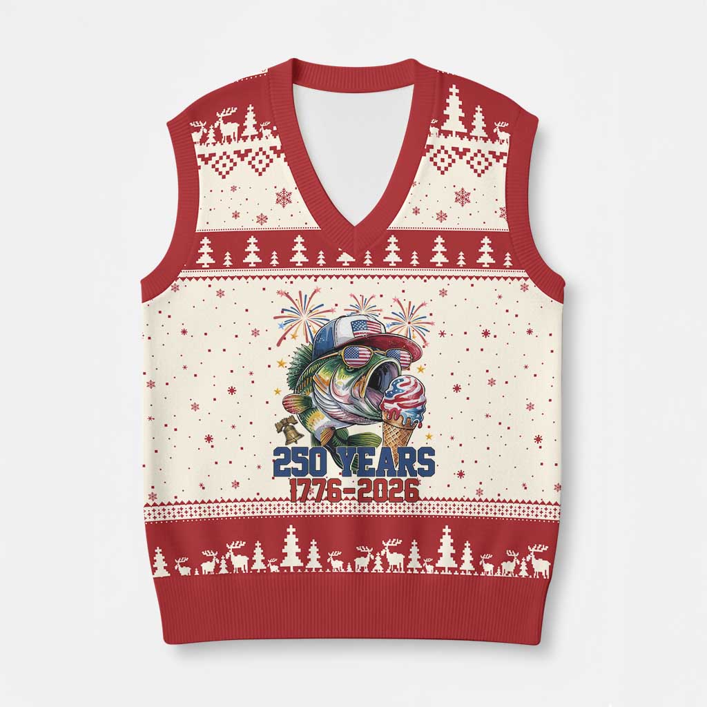 America 250th Fishing V-Neck Knit Sweater Vest Patriotic Bass Fish American Flag