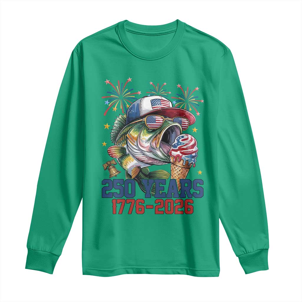 America 250th Fishing Long Sleeve Shirt Patriotic Bass Fish American Flag