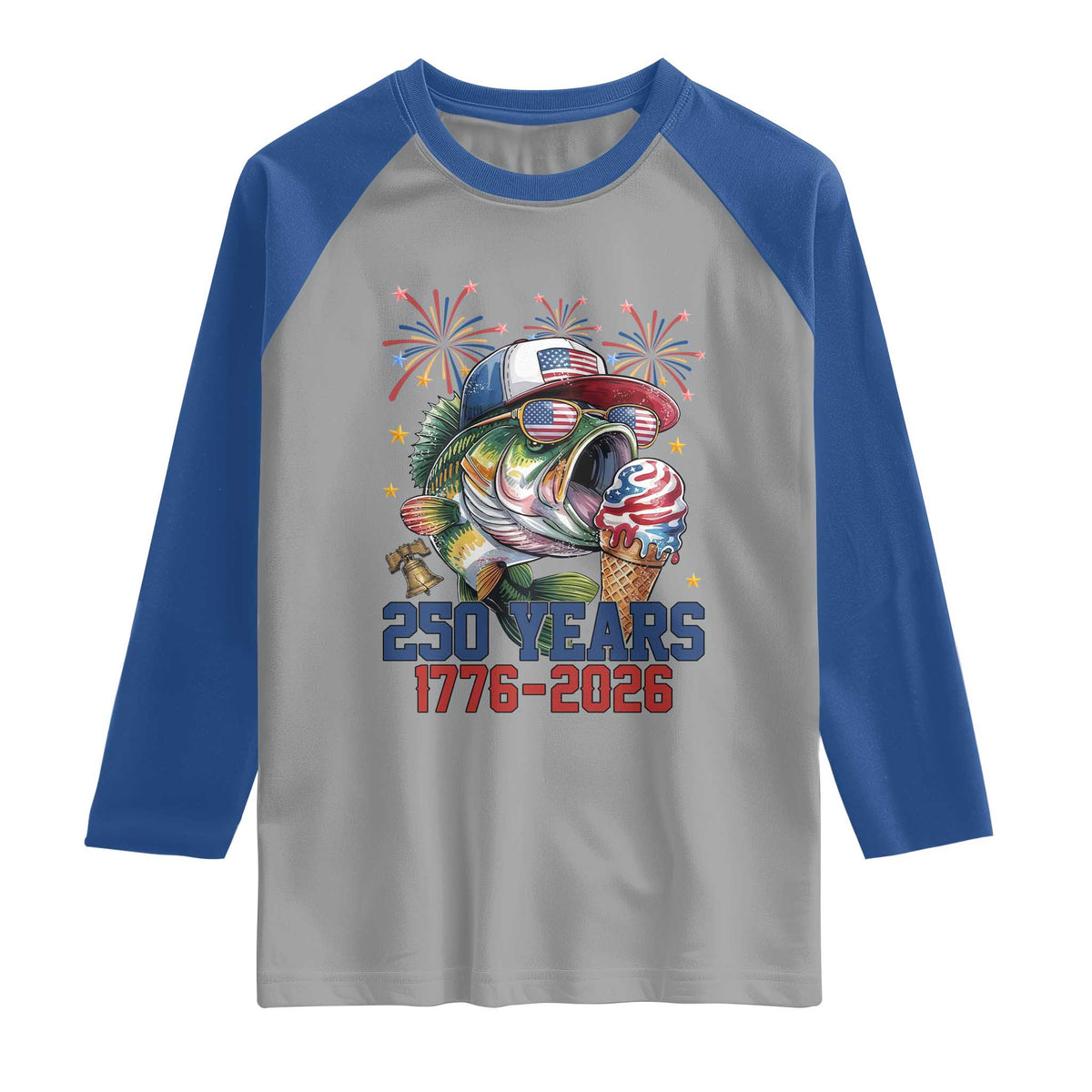 America 250th Fishing Raglan Shirt Patriotic Bass Fish American Flag