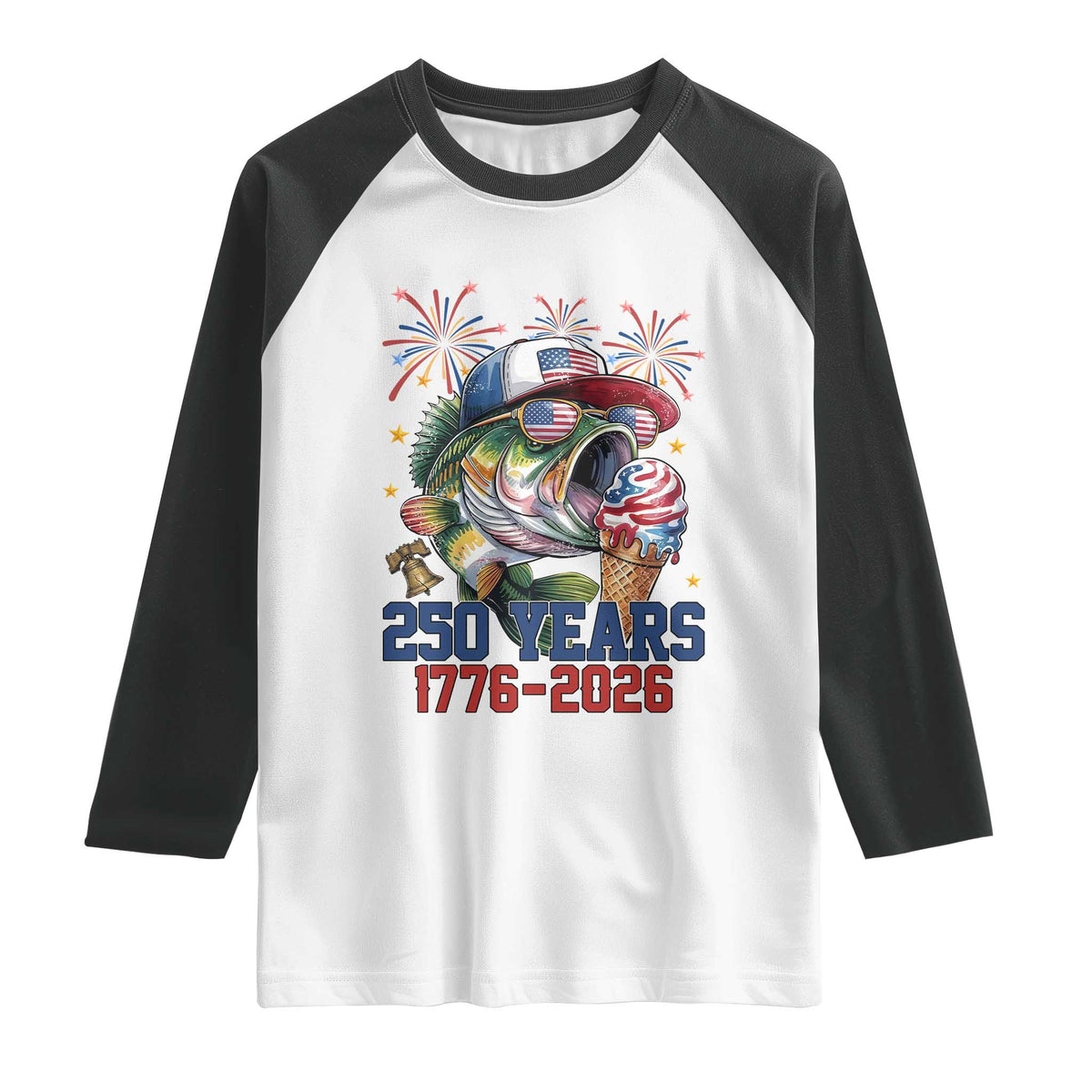 America 250th Fishing Raglan Shirt Patriotic Bass Fish American Flag