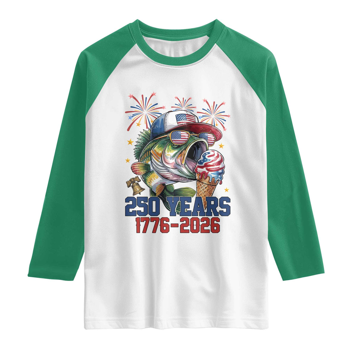 America 250th Fishing Raglan Shirt Patriotic Bass Fish American Flag