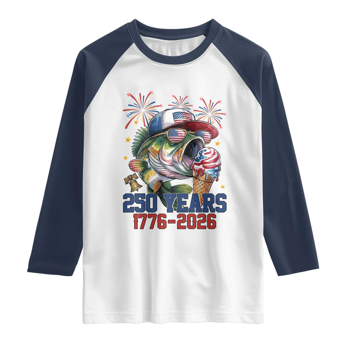 America 250th Fishing Raglan Shirt Patriotic Bass Fish American Flag